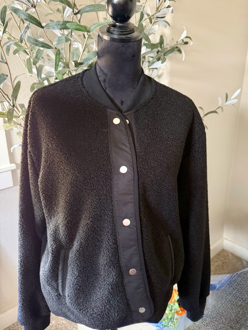 Cozy Black Textured Bomber Jacket